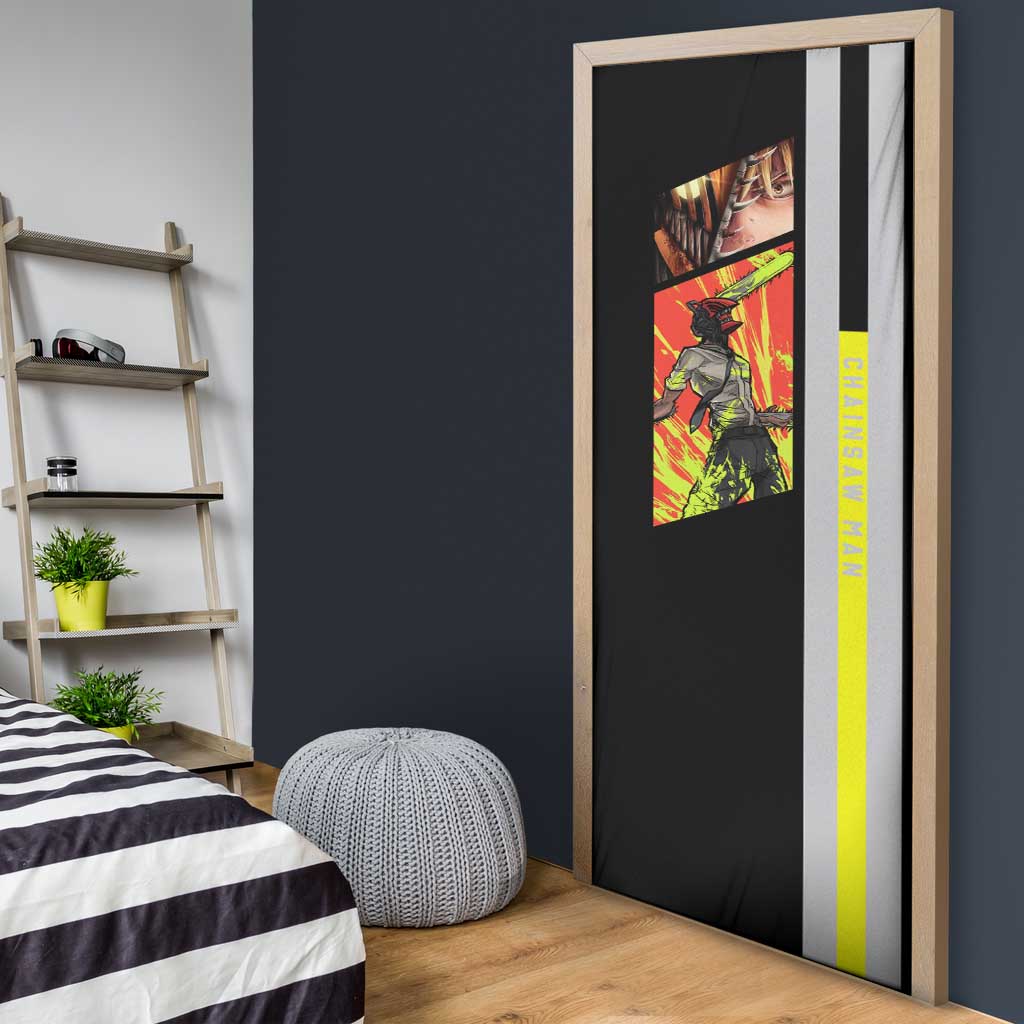Chainsaw Man Denji Door Cover with Manga Panels and Neon Chainsaw Design - The Mazicc