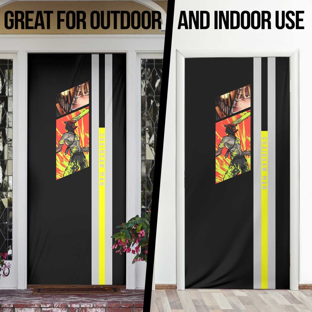 Chainsaw Man Denji Door Cover with Manga Panels and Neon Chainsaw Design - The Mazicc