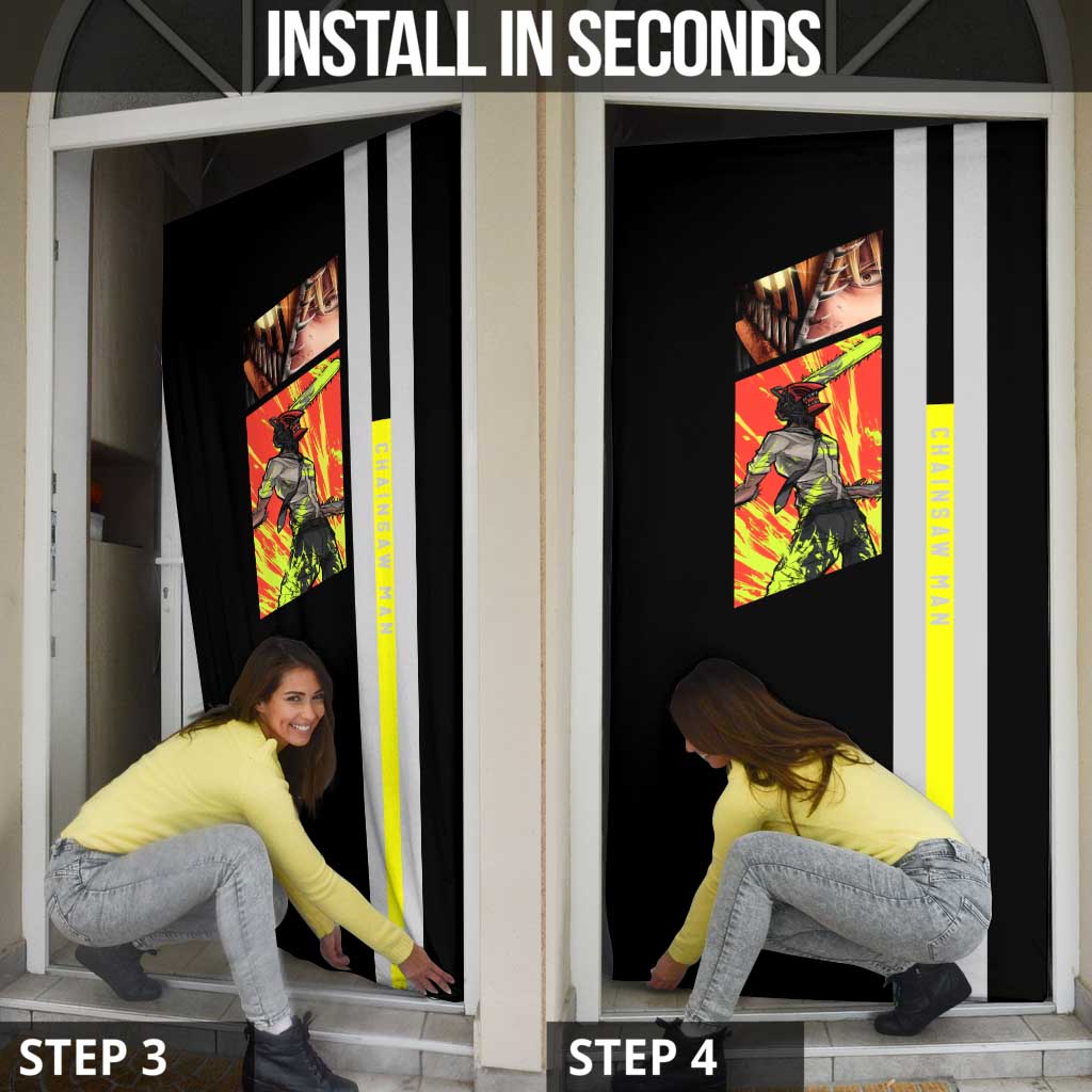 Chainsaw Man Denji Door Cover with Manga Panels and Neon Chainsaw Design - The Mazicc