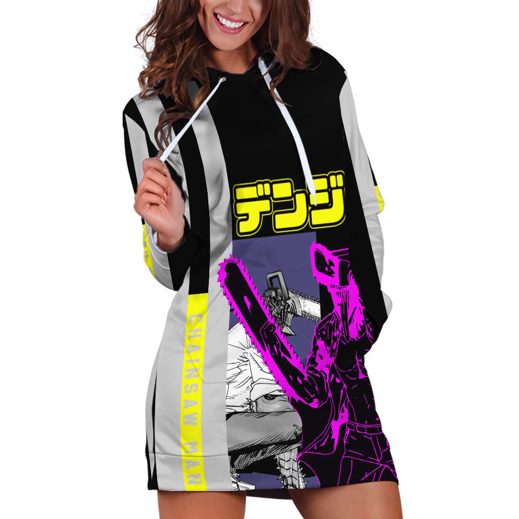 Chainsaw Man Denji Hoodie Dress with Manga Panels and Neon Chainsaw Design - The Mazicc