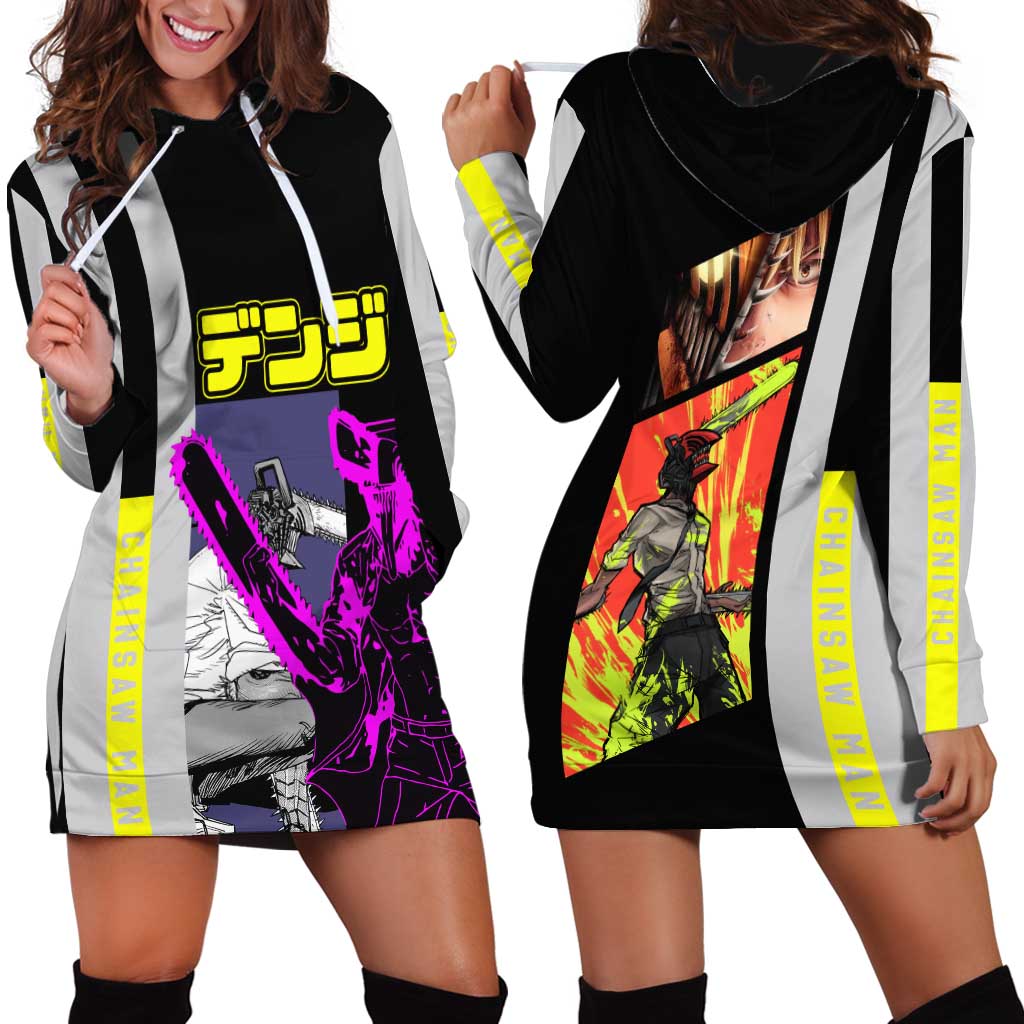 Chainsaw Man Denji Hoodie Dress with Manga Panels and Neon Chainsaw Design - The Mazicc