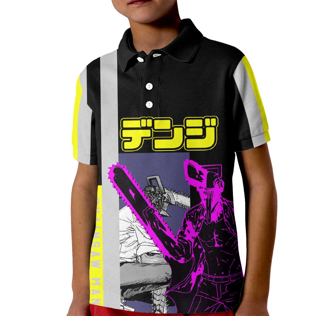 Chainsaw Man Denji Kid Polo Shirt with Manga Panels and Neon Chainsaw Design - The Mazicc