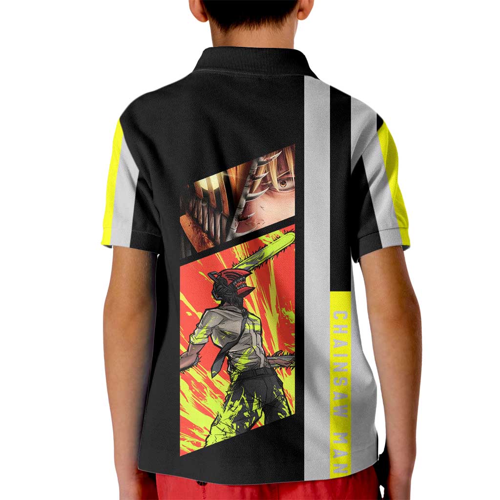 Chainsaw Man Denji Kid Polo Shirt with Manga Panels and Neon Chainsaw Design - The Mazicc