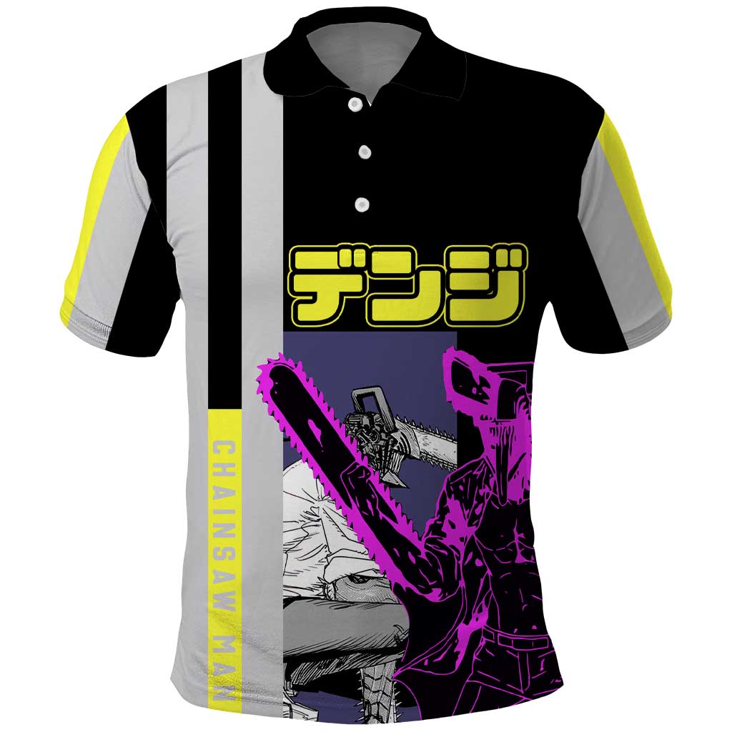 Chainsaw Man Denji Polo Shirt with Manga Panels and Neon Chainsaw Design - The Mazicc