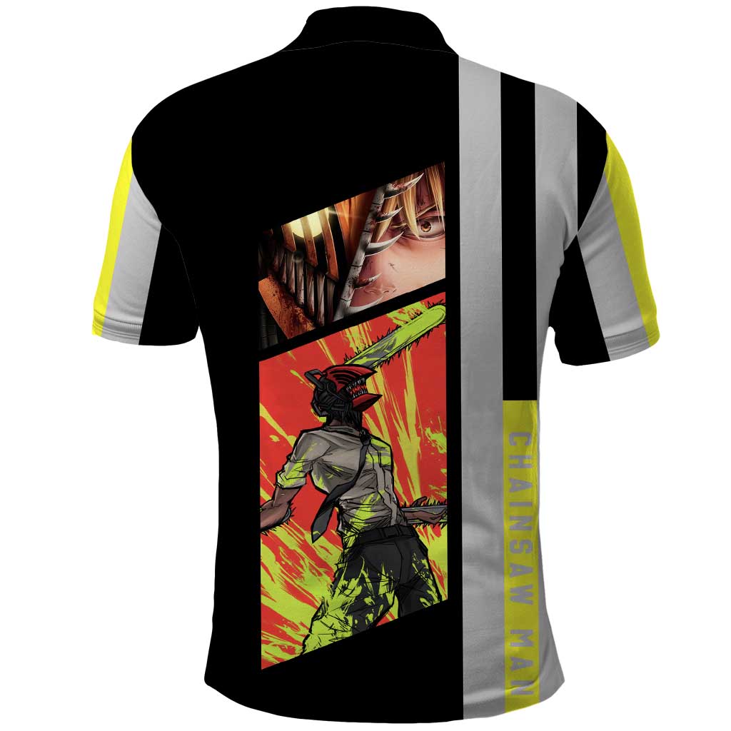 Chainsaw Man Denji Polo Shirt with Manga Panels and Neon Chainsaw Design - The Mazicc