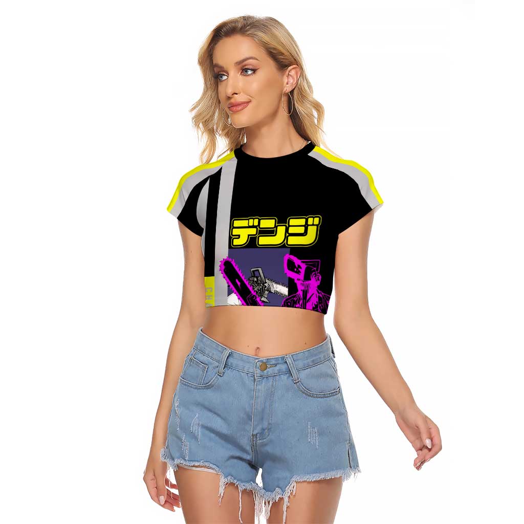 Chainsaw Man Denji Raglan Cropped T Shirt with Manga Panels and Neon Chainsaw Design - The Mazicc