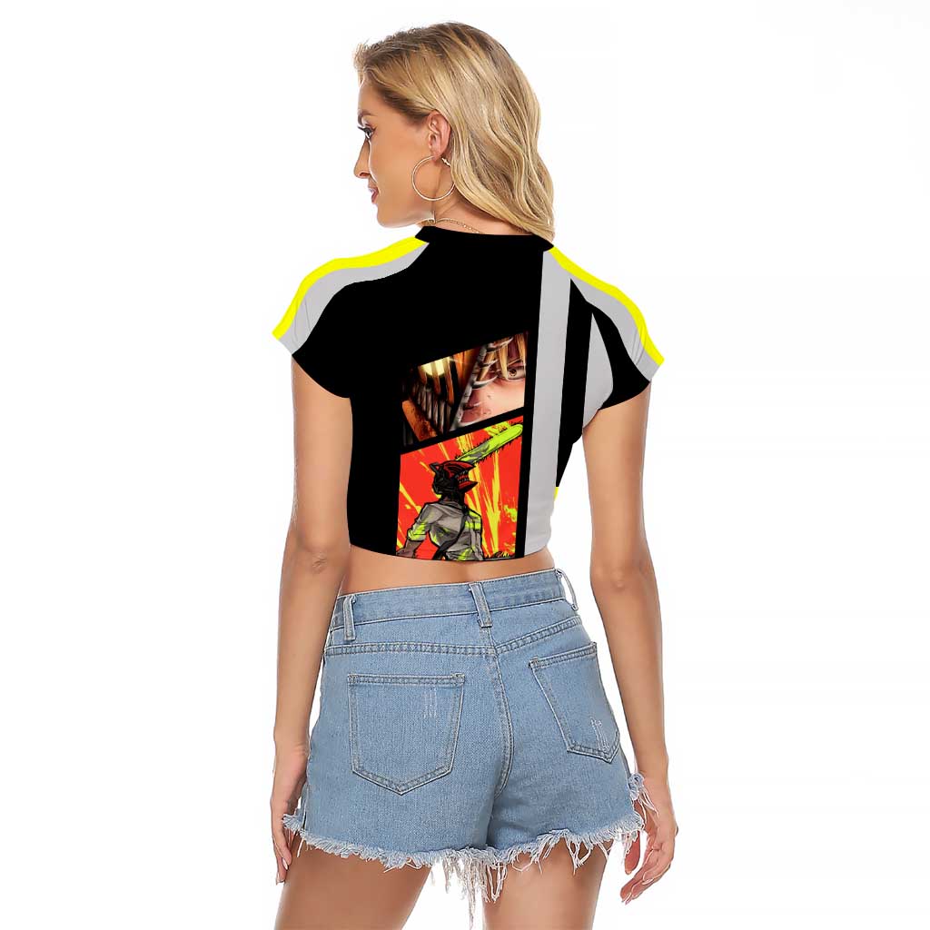 Chainsaw Man Denji Raglan Cropped T Shirt with Manga Panels and Neon Chainsaw Design - The Mazicc