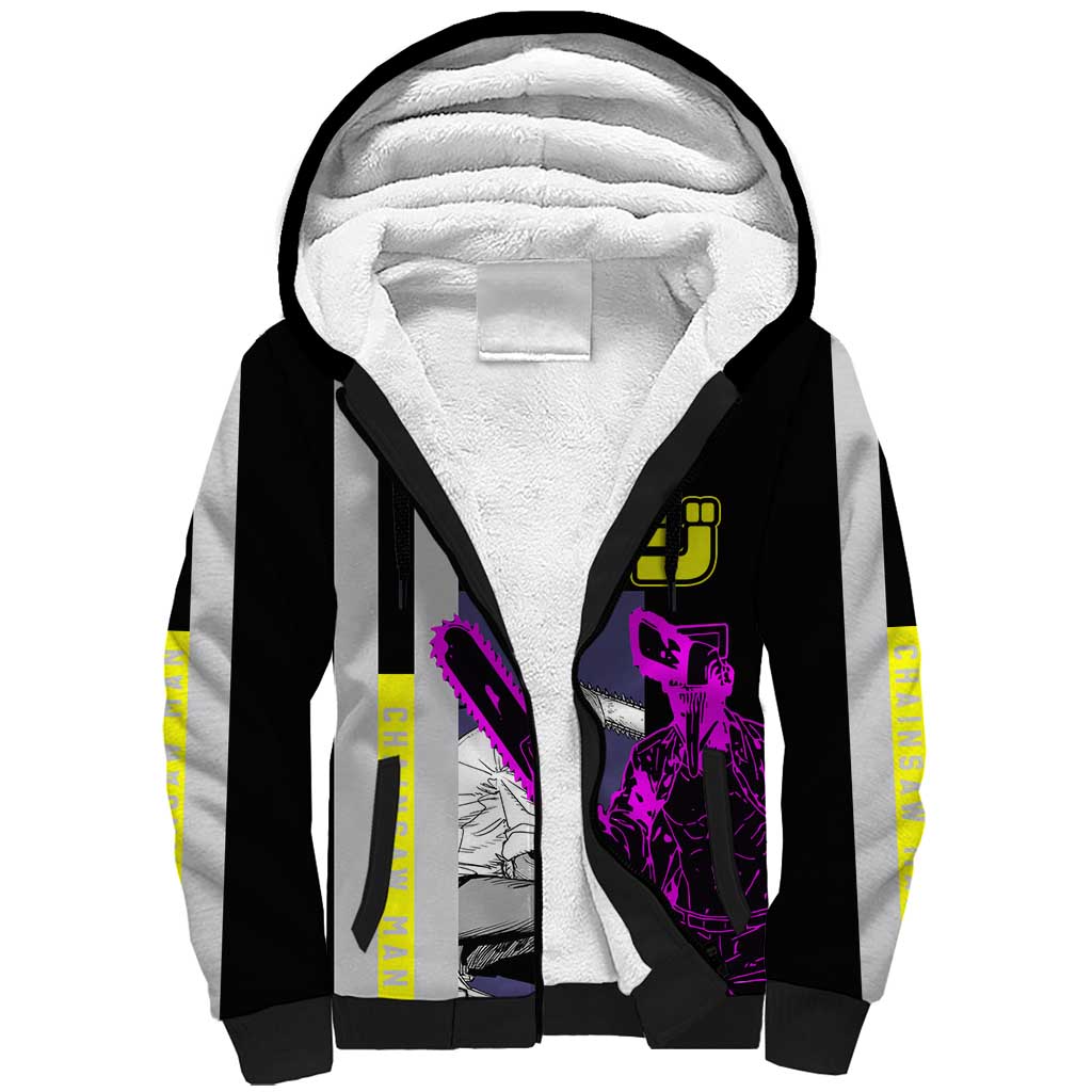 Chainsaw Man Denji Sherpa Hoodie with Manga Panels and Neon Chainsaw Design - The Mazicc
