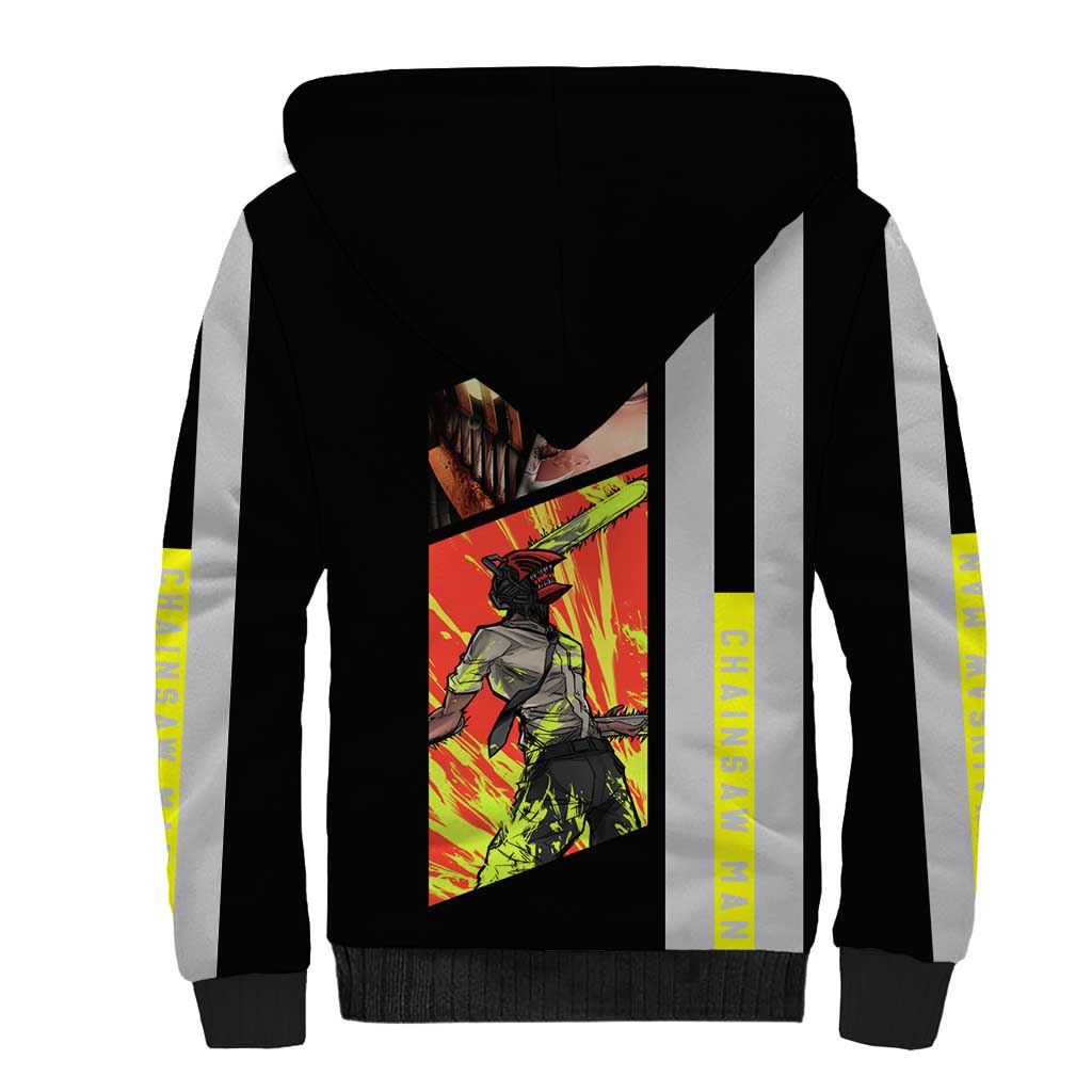 Chainsaw Man Denji Sherpa Hoodie with Manga Panels and Neon Chainsaw Design - The Mazicc