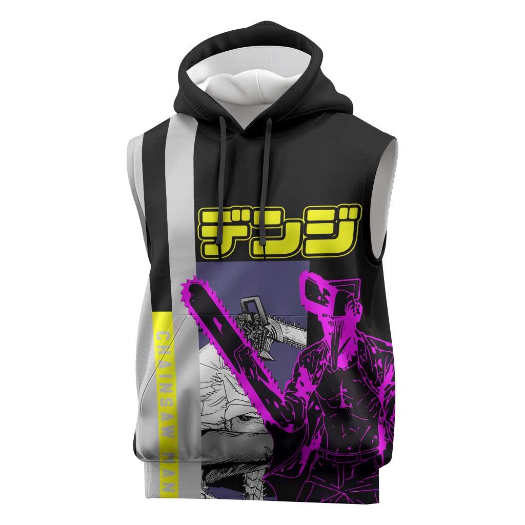 Chainsaw Man Denji Sleeveless Hoodie with Manga Panels and Neon Chainsaw Design - The Mazicc