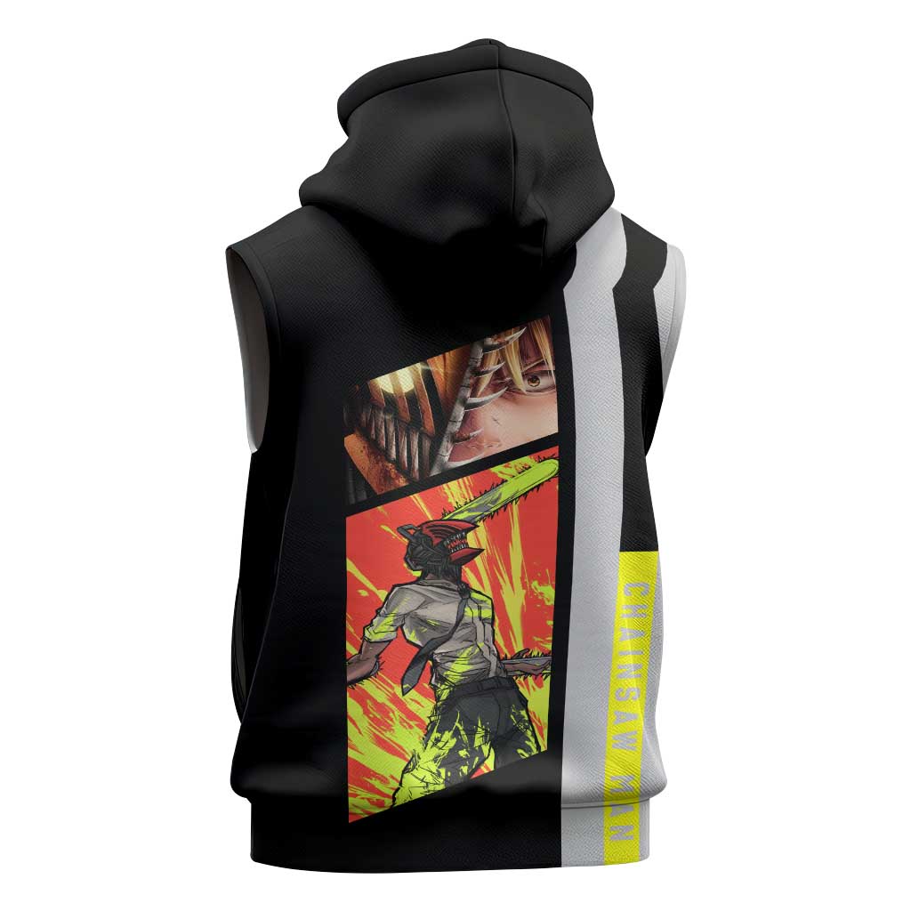 Chainsaw Man Denji Sleeveless Hoodie with Manga Panels and Neon Chainsaw Design - The Mazicc