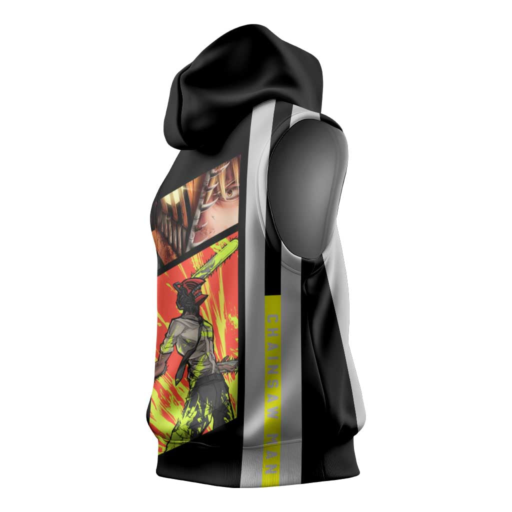 Chainsaw Man Denji Sleeveless Hoodie with Manga Panels and Neon Chainsaw Design - The Mazicc