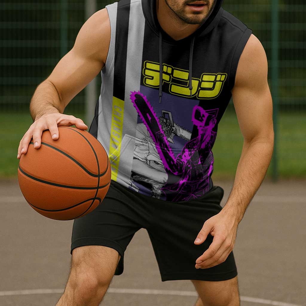 Chainsaw Man Denji Sleeveless Hoodie with Manga Panels and Neon Chainsaw Design - The Mazicc