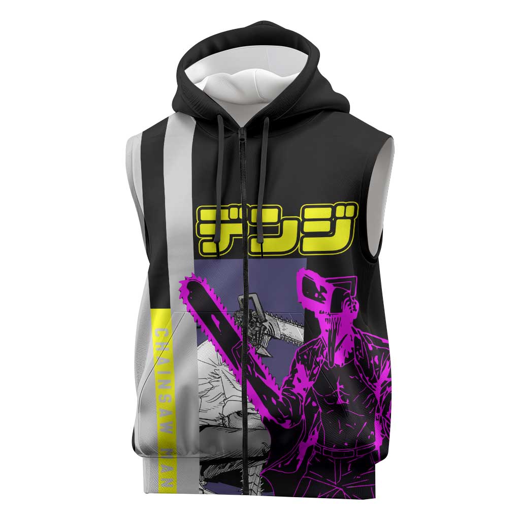 Chainsaw Man Denji Sleeveless Zip Hoodie with Manga Panels and Neon Chainsaw Design - The Mazicc