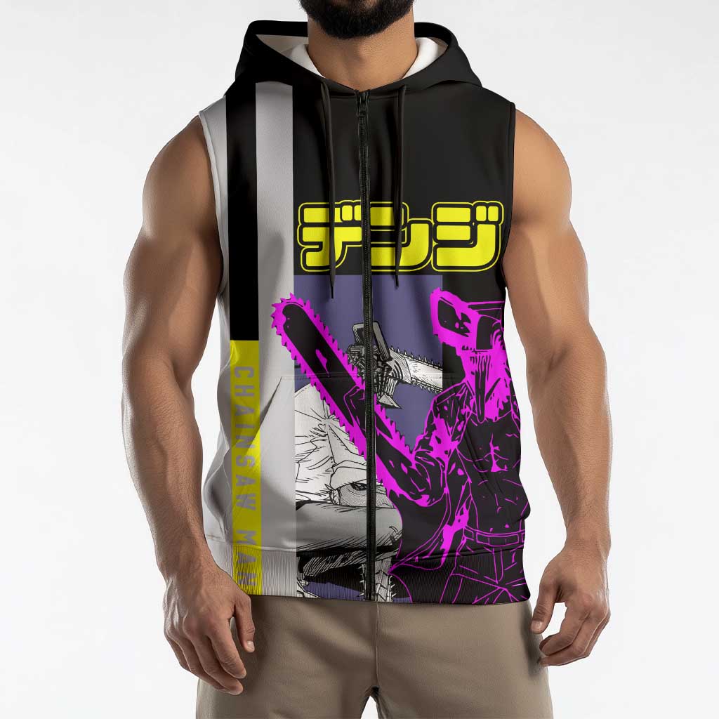 Chainsaw Man Denji Sleeveless Zip Hoodie with Manga Panels and Neon Chainsaw Design - The Mazicc