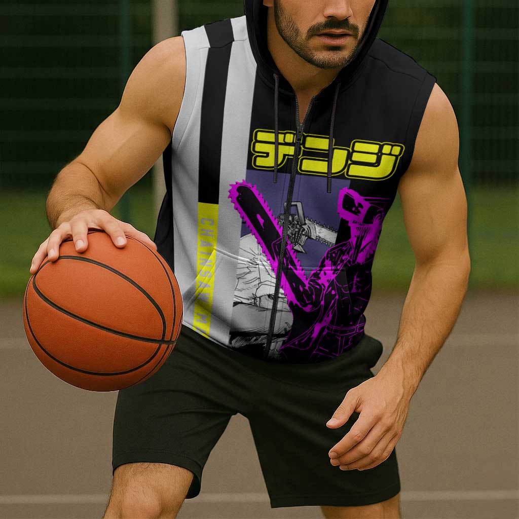 Chainsaw Man Denji Sleeveless Zip Hoodie with Manga Panels and Neon Chainsaw Design - The Mazicc