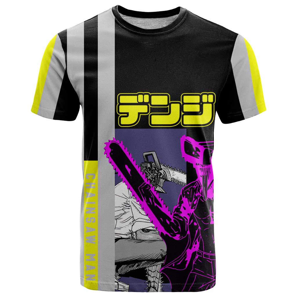 Chainsaw Man Denji T Shirt with Manga Panels and Neon Chainsaw Design - The Mazicc