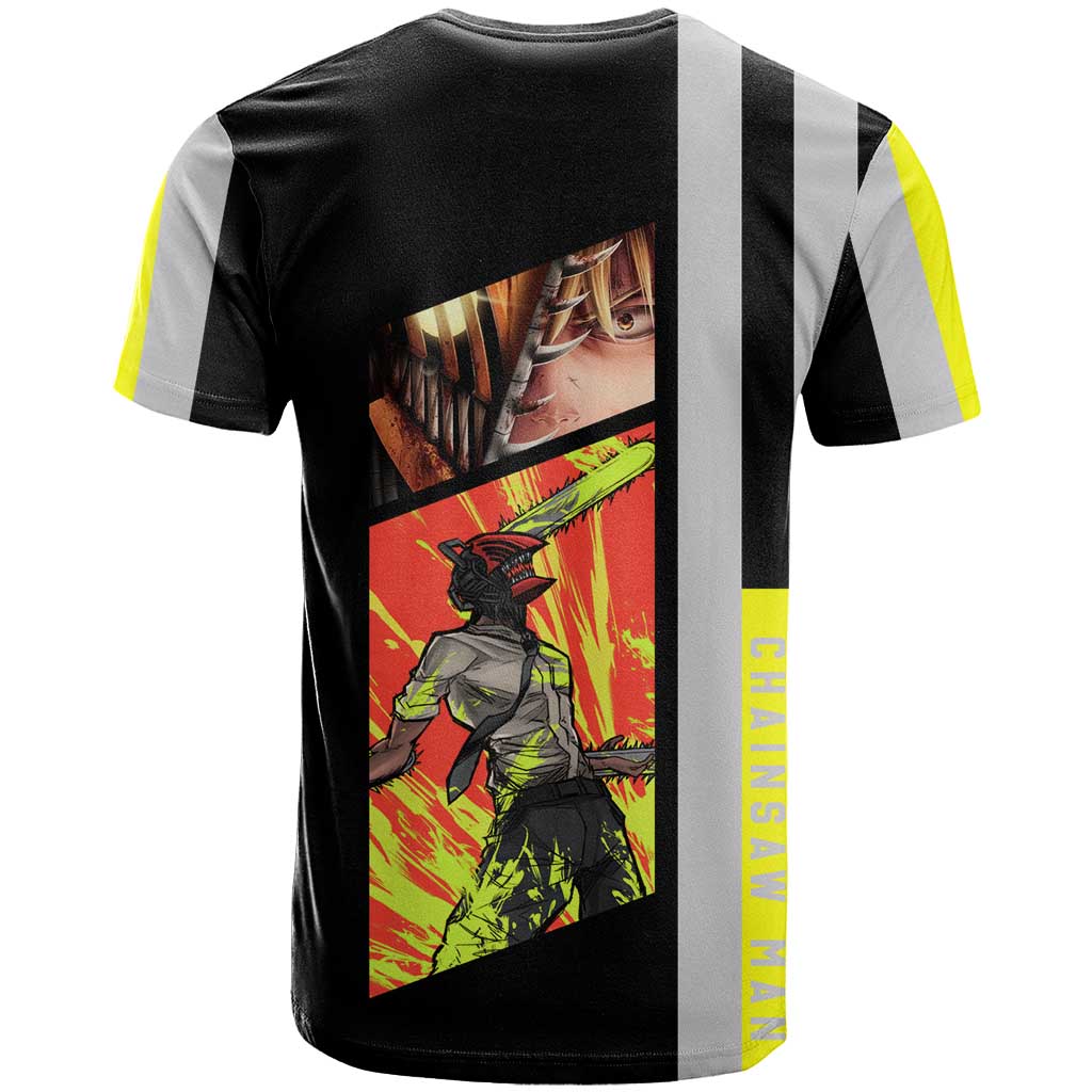 Chainsaw Man Denji T Shirt with Manga Panels and Neon Chainsaw Design - The Mazicc