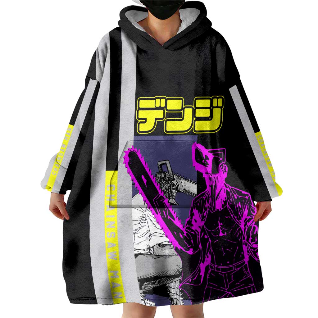 Chainsaw Man Denji Wearable Blanket Hoodie with Manga Panels and Neon Chainsaw Design - The Mazicc