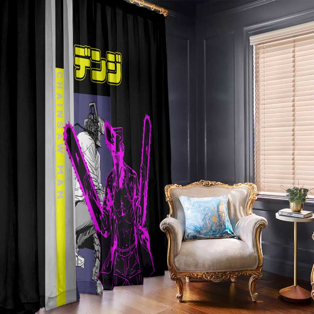 Chainsaw Man Denji Window Curtain with Manga Panels and Neon Chainsaw Design - The Mazicc