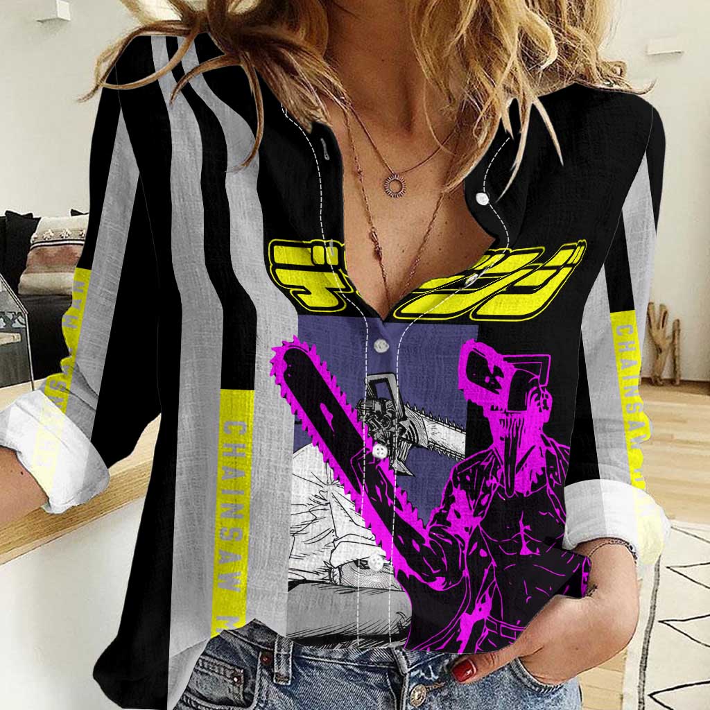 Chainsaw Man Denji Women Casual Shirt with Manga Panels and Neon Chainsaw Design - The Mazicc