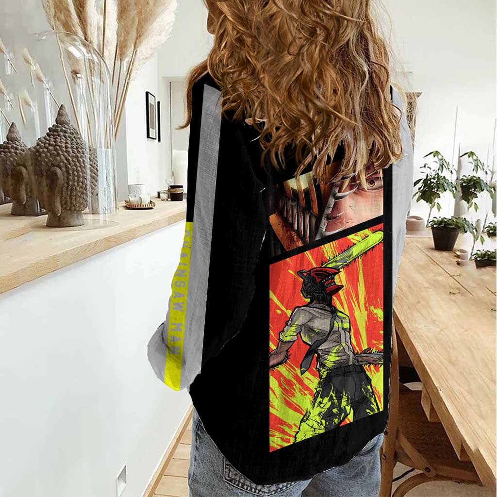 Chainsaw Man Denji Women Casual Shirt with Manga Panels and Neon Chainsaw Design - The Mazicc