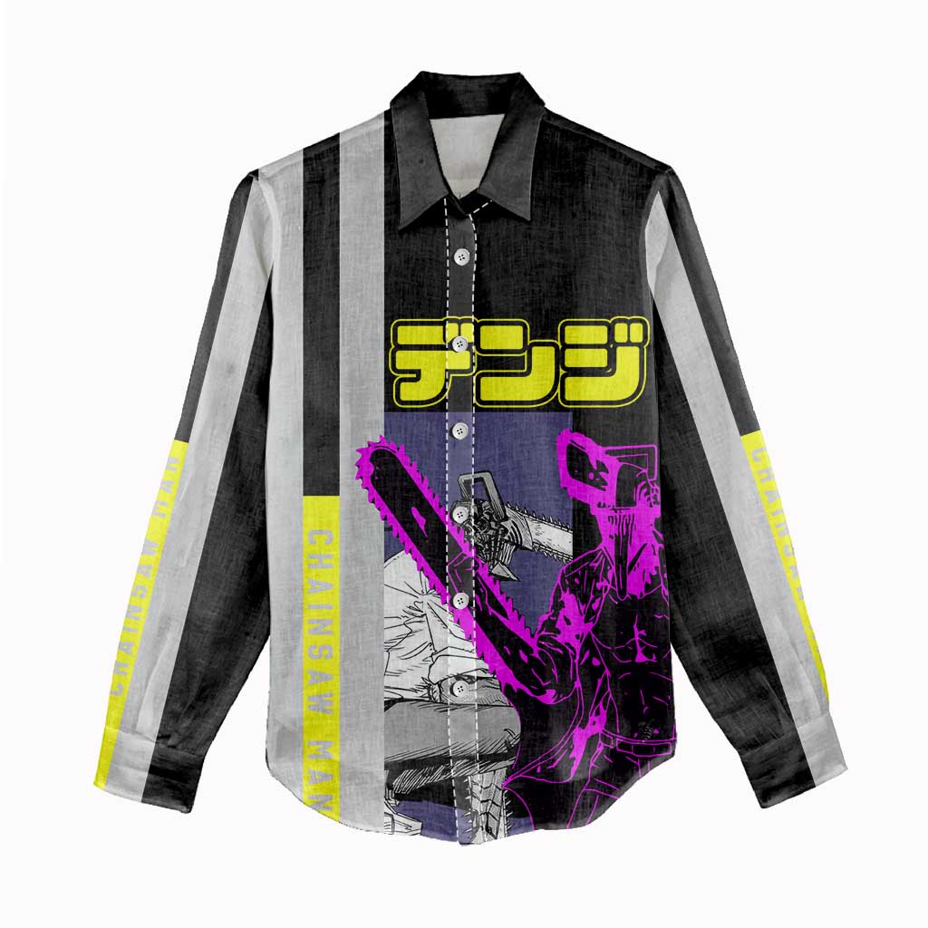 Chainsaw Man Denji Women Casual Shirt with Manga Panels and Neon Chainsaw Design - The Mazicc