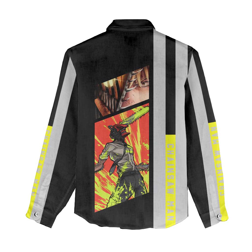 Chainsaw Man Denji Women Casual Shirt with Manga Panels and Neon Chainsaw Design - The Mazicc