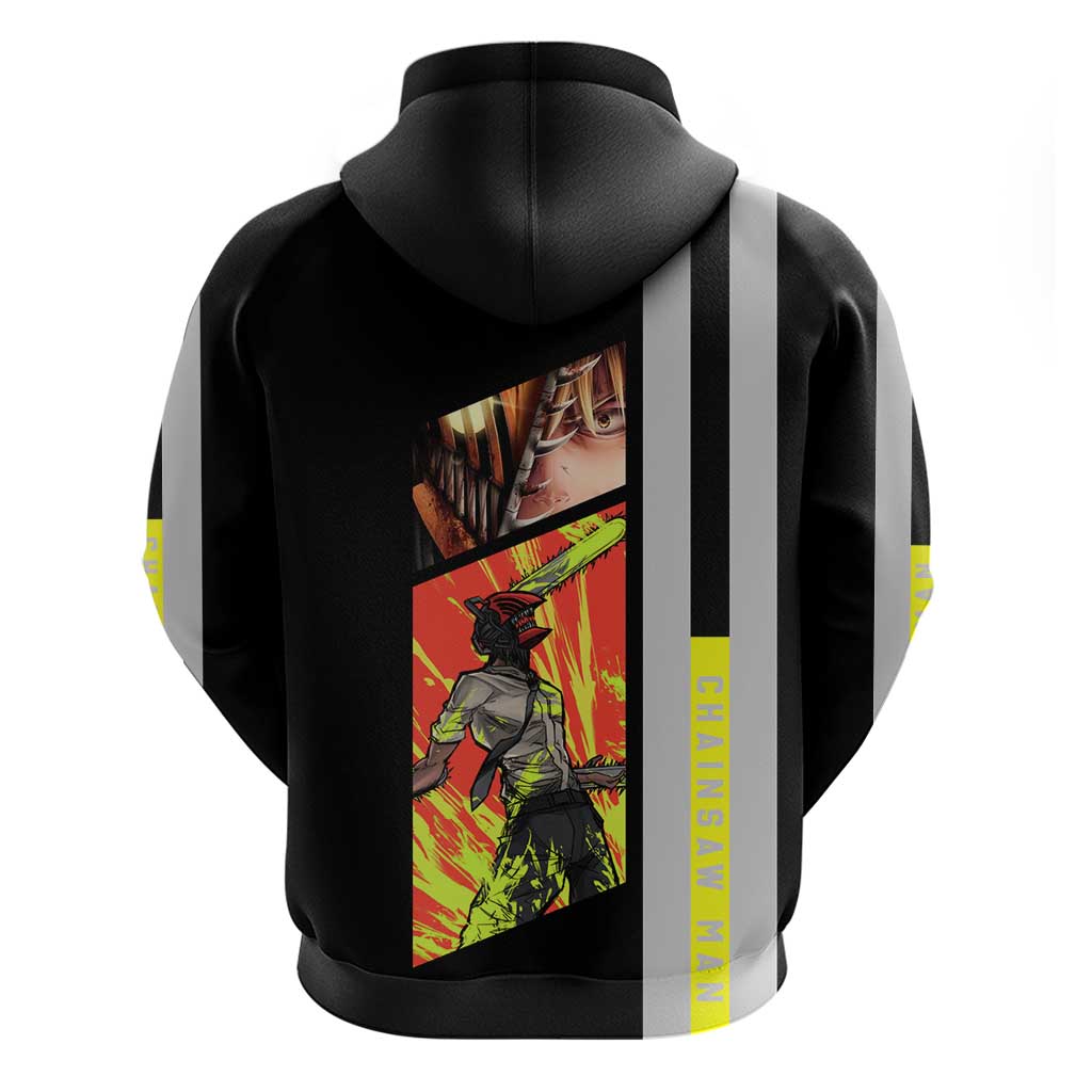 Chainsaw Man Denji Zip Hoodie with Manga Panels and Neon Chainsaw Design - The Mazicc
