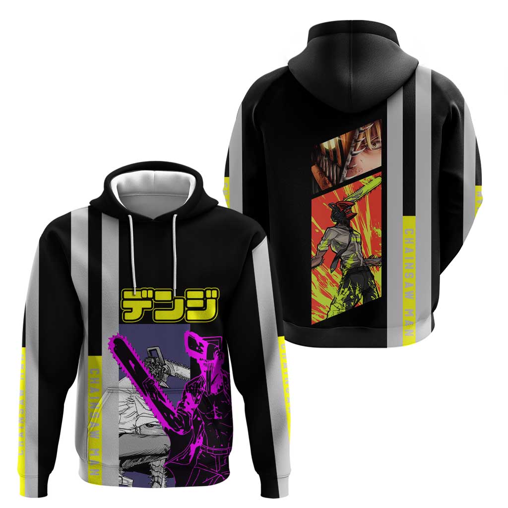 Chainsaw Man Denji Zip Hoodie with Manga Panels and Neon Chainsaw Design - The Mazicc