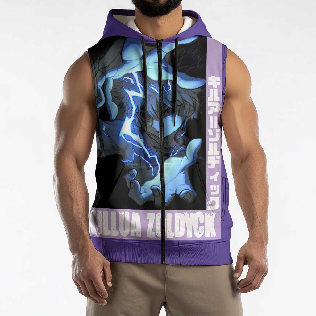 Killua Zoldyck Sleeveless Zip Hoodie with Electric Aura and Assassin Eyes Anime Design - The Mazicc