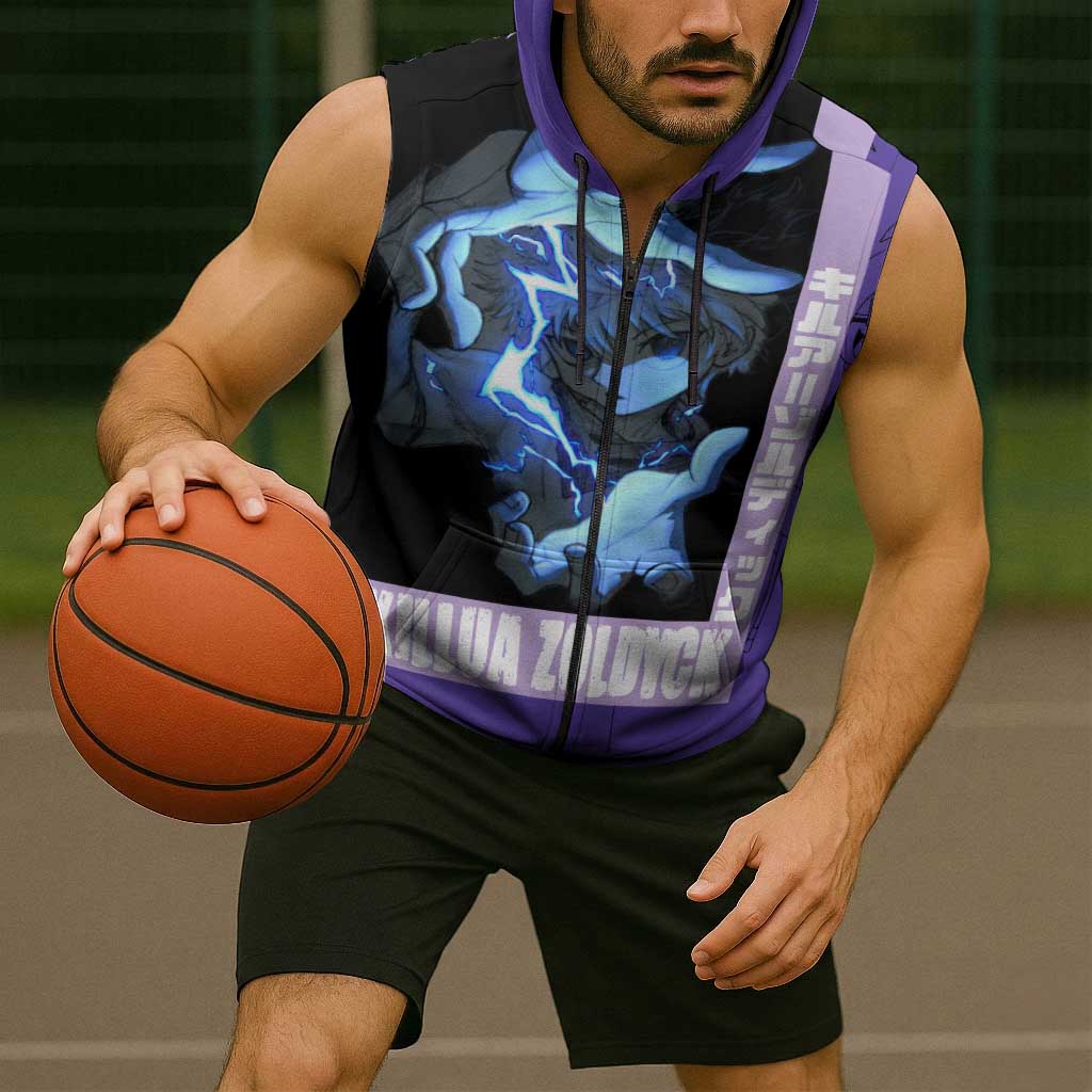 Killua Zoldyck Sleeveless Zip Hoodie with Electric Aura and Assassin Eyes Anime Design - The Mazicc