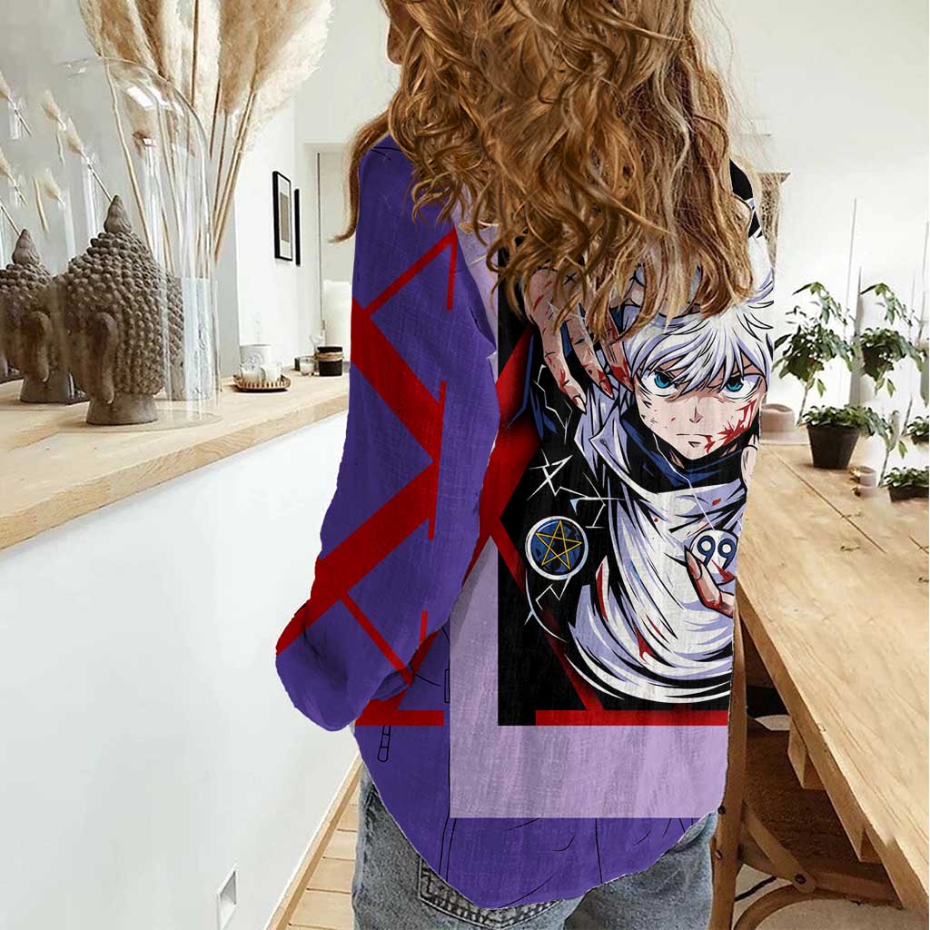 Killua Zoldyck Women Casual Shirt with Electric Aura and Assassin Eyes Anime Design - The Mazicc