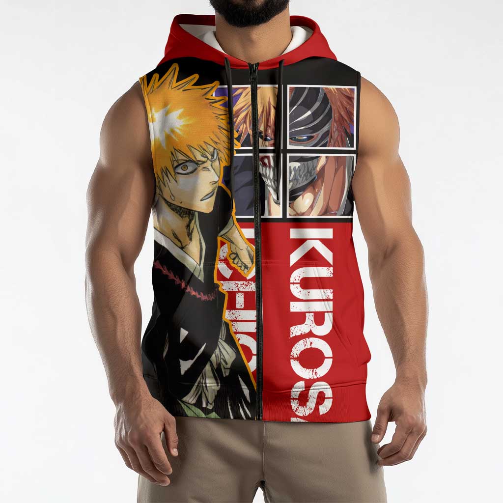 Bleach Ichigo Kurosaki Sleeveless Zip Hoodie with Hollow Mask and Manga Panel Design - The Mazicc