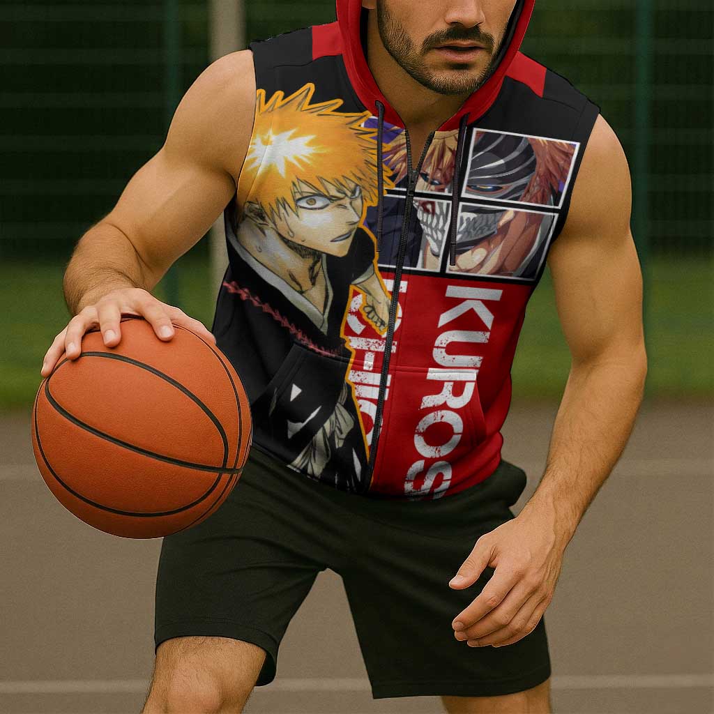 Bleach Ichigo Kurosaki Sleeveless Zip Hoodie with Hollow Mask and Manga Panel Design - The Mazicc