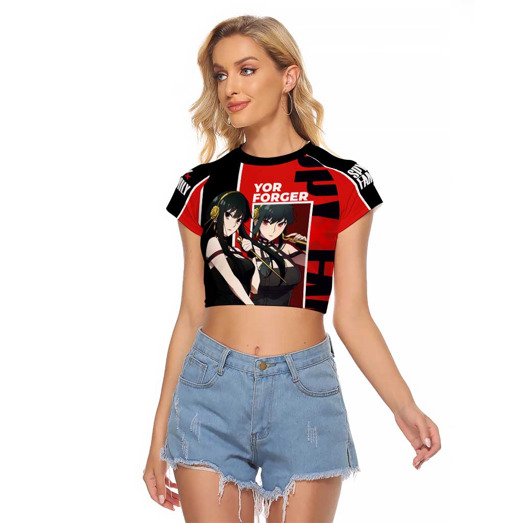 Spy x Family Yor Forger Raglan Cropped T Shirt with Assassin Outfit and Red Black Anime Design - The Mazicc