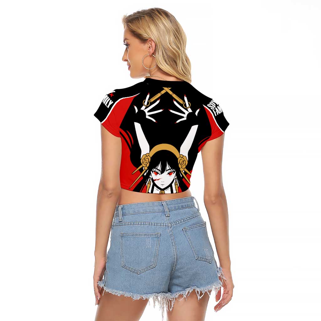 Spy x Family Yor Forger Raglan Cropped T Shirt with Assassin Outfit and Red Black Anime Design - The Mazicc
