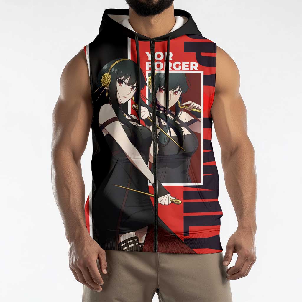 Spy x Family Yor Forger Sleeveless Zip Hoodie with Assassin Outfit and Red Black Anime Design - The Mazicc