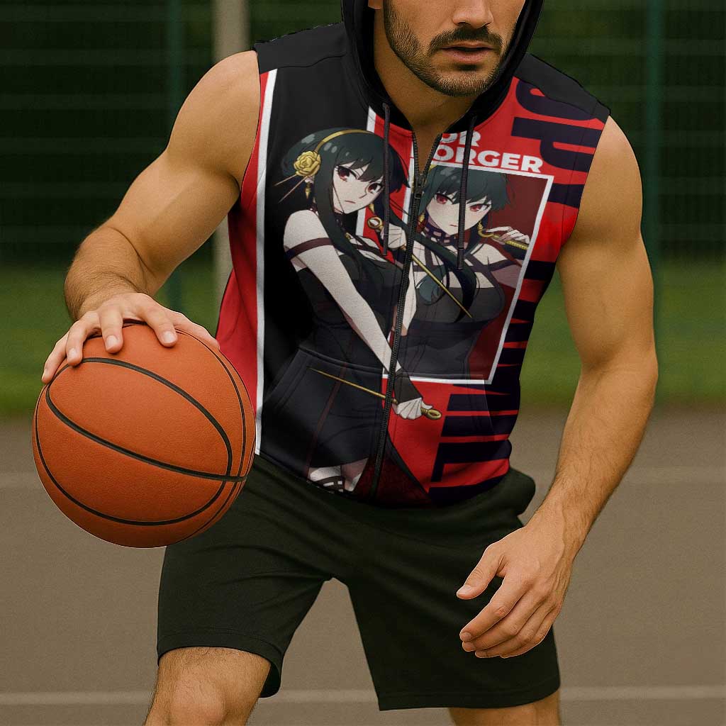 Spy x Family Yor Forger Sleeveless Zip Hoodie with Assassin Outfit and Red Black Anime Design - The Mazicc