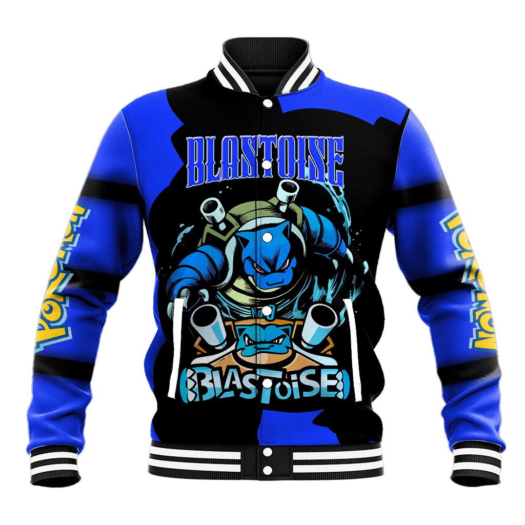 Blastoise Baseball Jacket with Water Cannons and Retro Pokémon Graphic Design - The Mazicc