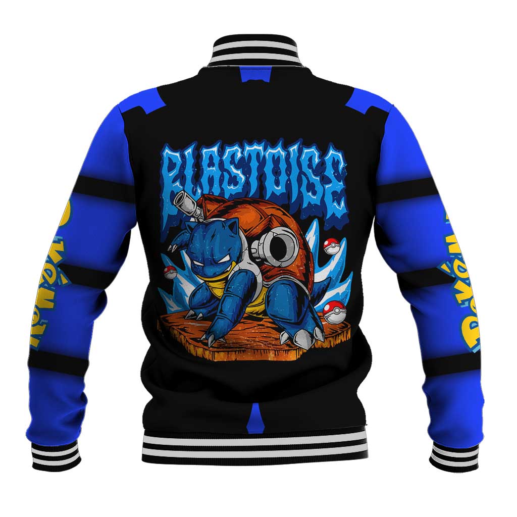 Blastoise Baseball Jacket with Water Cannons and Retro Pokémon Graphic Design - The Mazicc