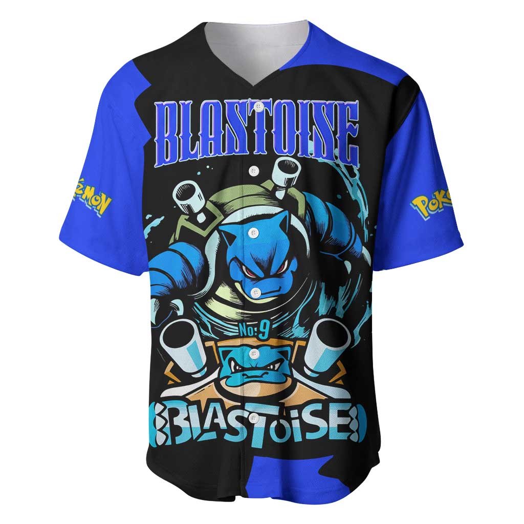 Blastoise Baseball Jersey with Water Cannons and Retro Pokémon Graphic Design - The Mazicc
