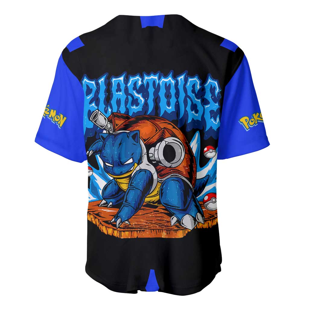 Blastoise Baseball Jersey with Water Cannons and Retro Pokémon Graphic Design - The Mazicc