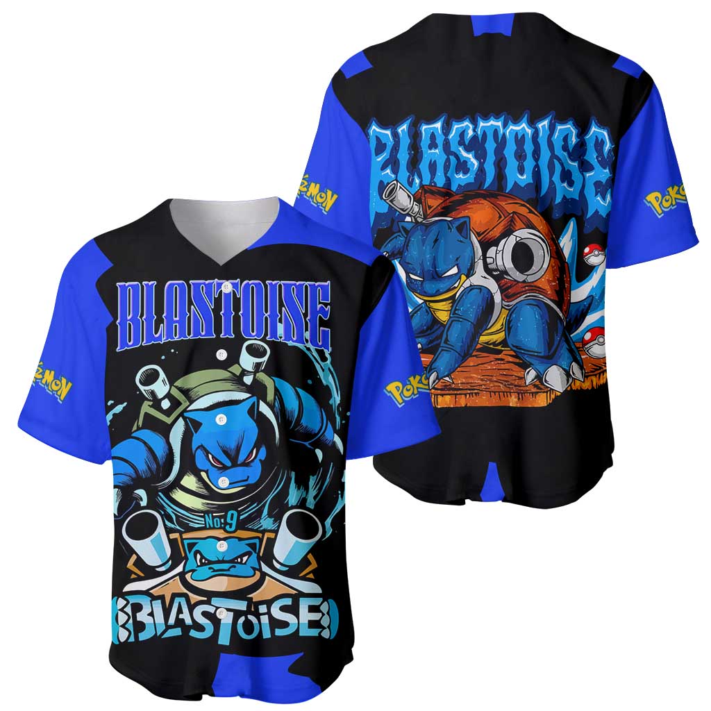Blastoise Baseball Jersey with Water Cannons and Retro Pokémon Graphic Design - The Mazicc