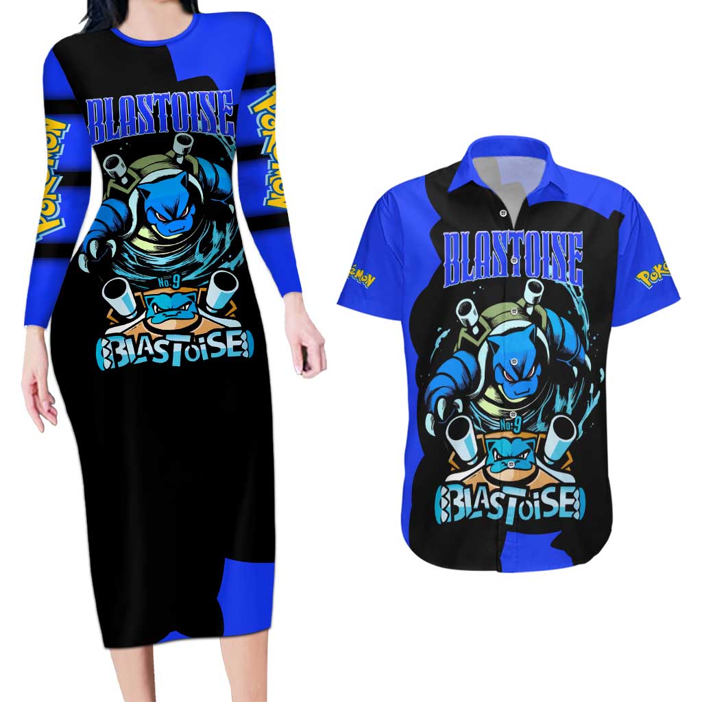 Blastoise Couples Matching Long Sleeve Bodycon Dress and Hawaiian Shirt with Water Cannons and Retro Pokémon Graphic Design - The Mazicc