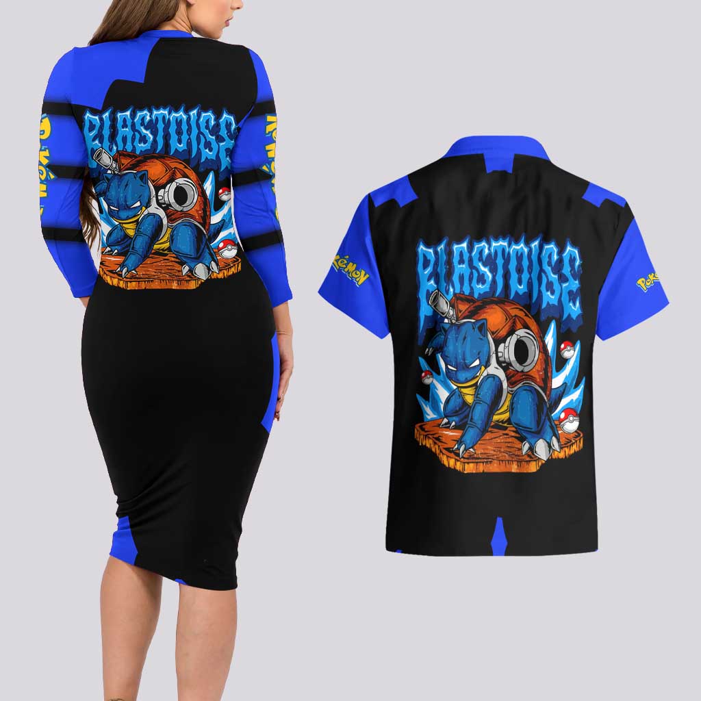 Blastoise Couples Matching Long Sleeve Bodycon Dress and Hawaiian Shirt with Water Cannons and Retro Pokémon Graphic Design - The Mazicc
