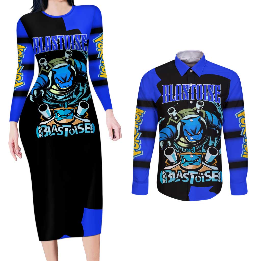 Blastoise Couples Matching Long Sleeve Bodycon Dress and Long Sleeve Button Shirt with Water Cannons and Retro Pokémon Graphic Design - The Mazicc