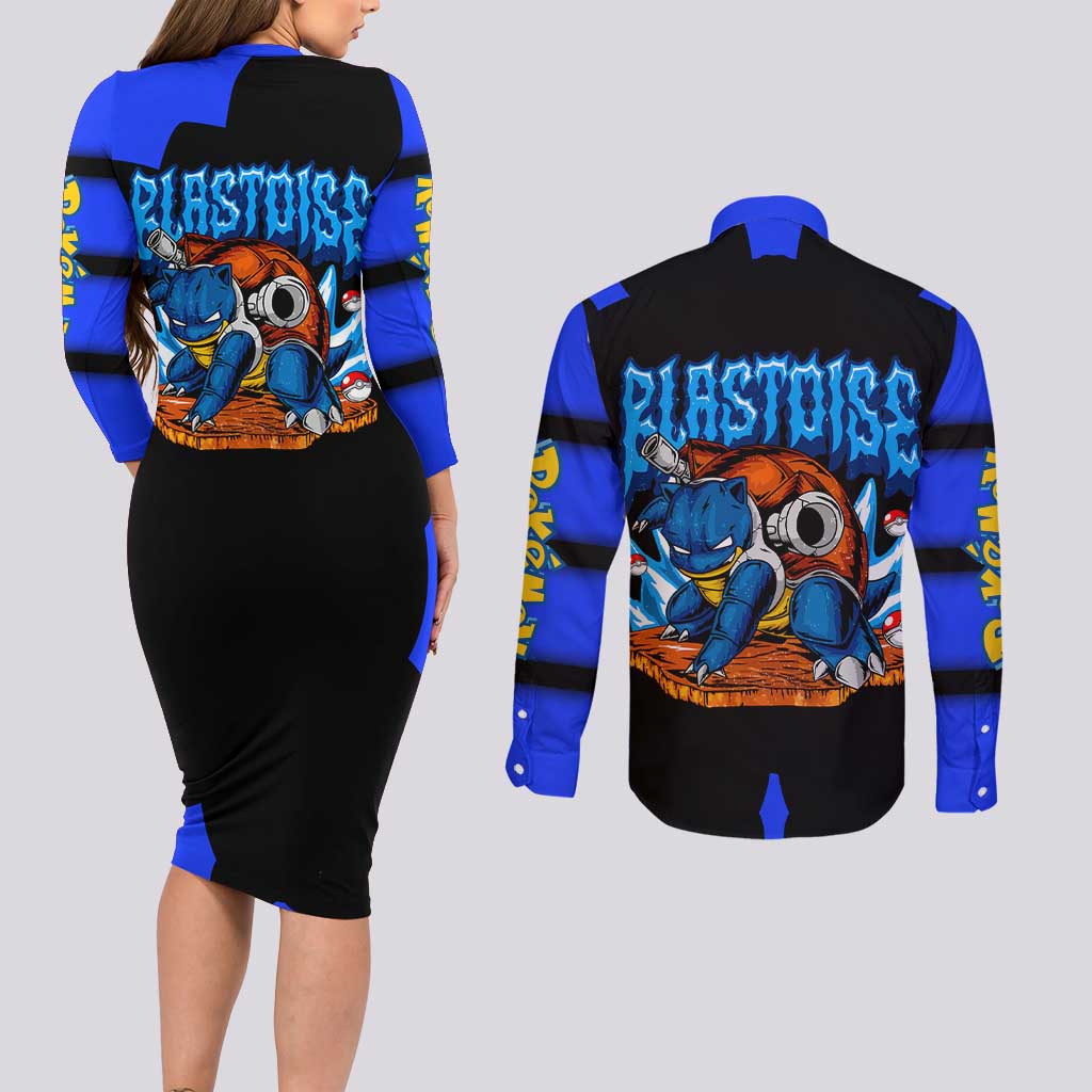 Blastoise Couples Matching Long Sleeve Bodycon Dress and Long Sleeve Button Shirt with Water Cannons and Retro Pokémon Graphic Design - The Mazicc