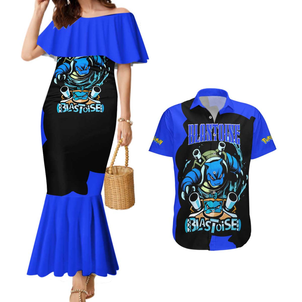 Blastoise Couples Matching Mermaid Dress and Hawaiian Shirt with Water Cannons and Retro Pokémon Graphic Design - The Mazicc