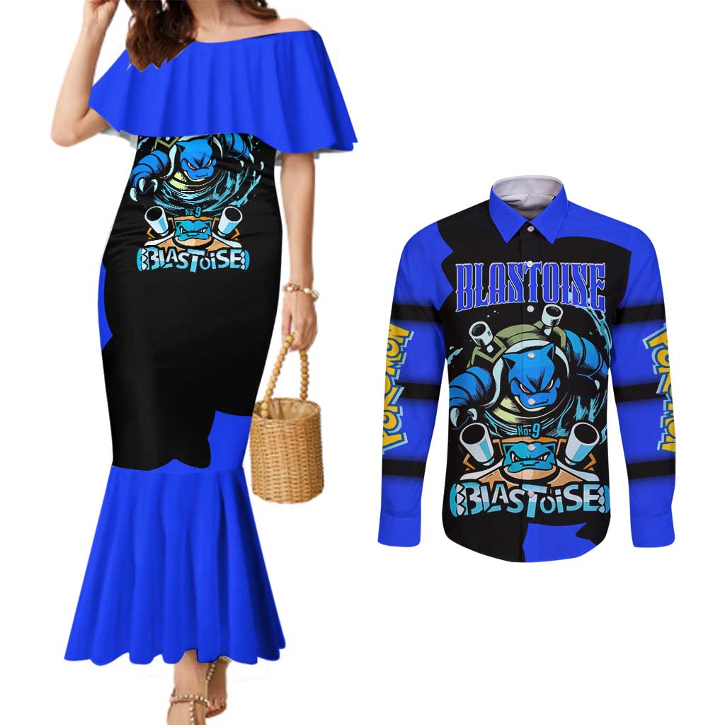 Blastoise Couples Matching Mermaid Dress and Long Sleeve Button Shirt with Water Cannons and Retro Pokémon Graphic Design - The Mazicc